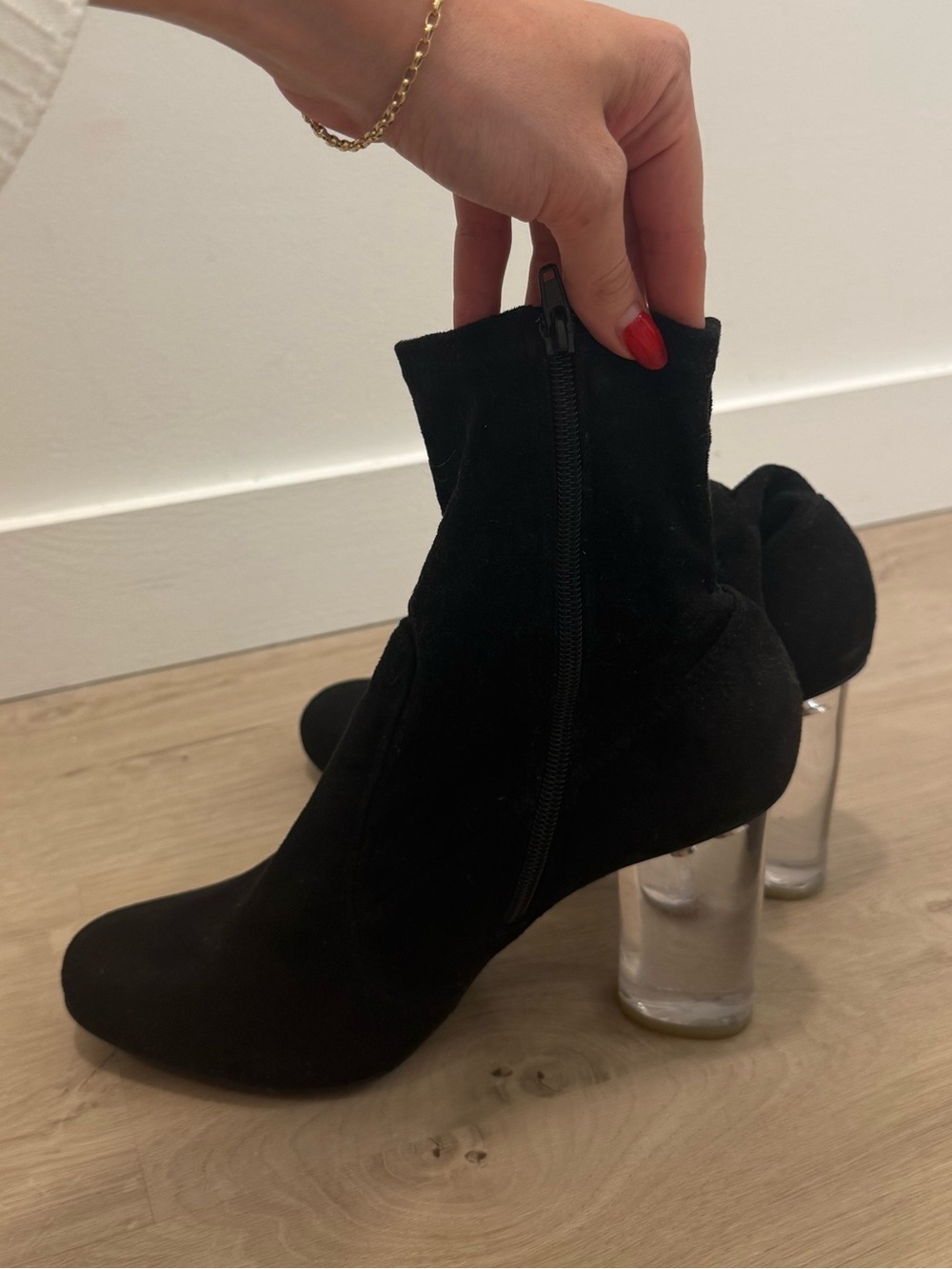LIKE NEW Jeffrey Campbell Black Suede Ankle Boots with Clear Block Heel WORN 1X